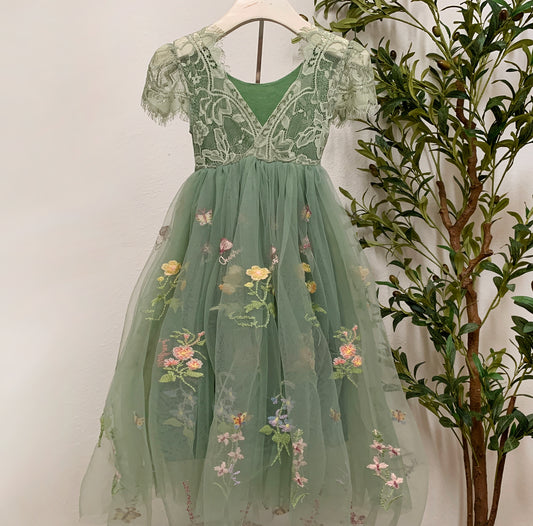 V-Back Soft Lace Top Embroidered Floral Tulle Cap Sleeves Flower Girl Dress | Special Occasion Dress – Hazel Dress