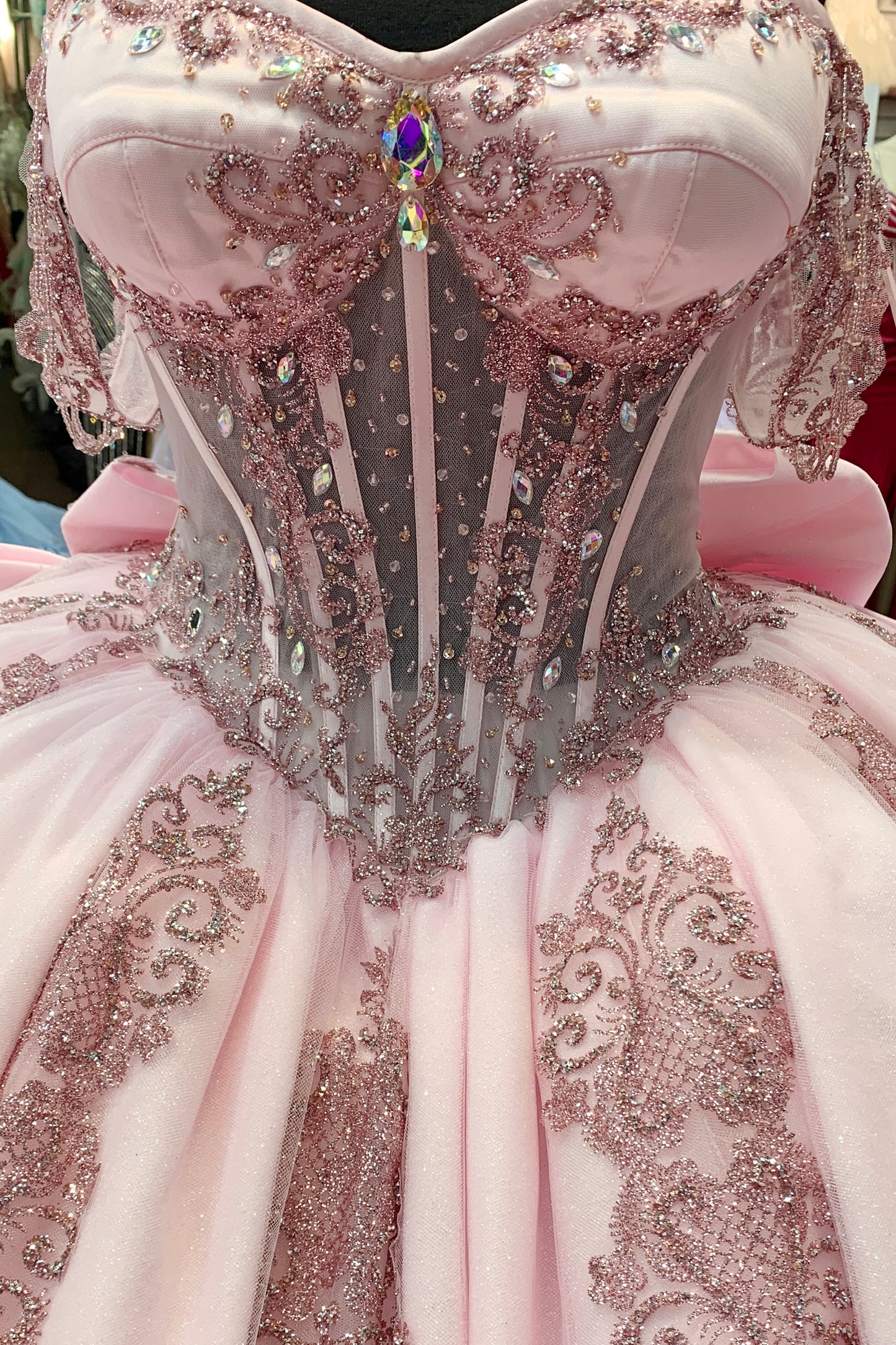 Quinceanera | Pink Off-Shoulder Jewel Long Tail Sweet 15 Ball own | Mirari J dress front zoom