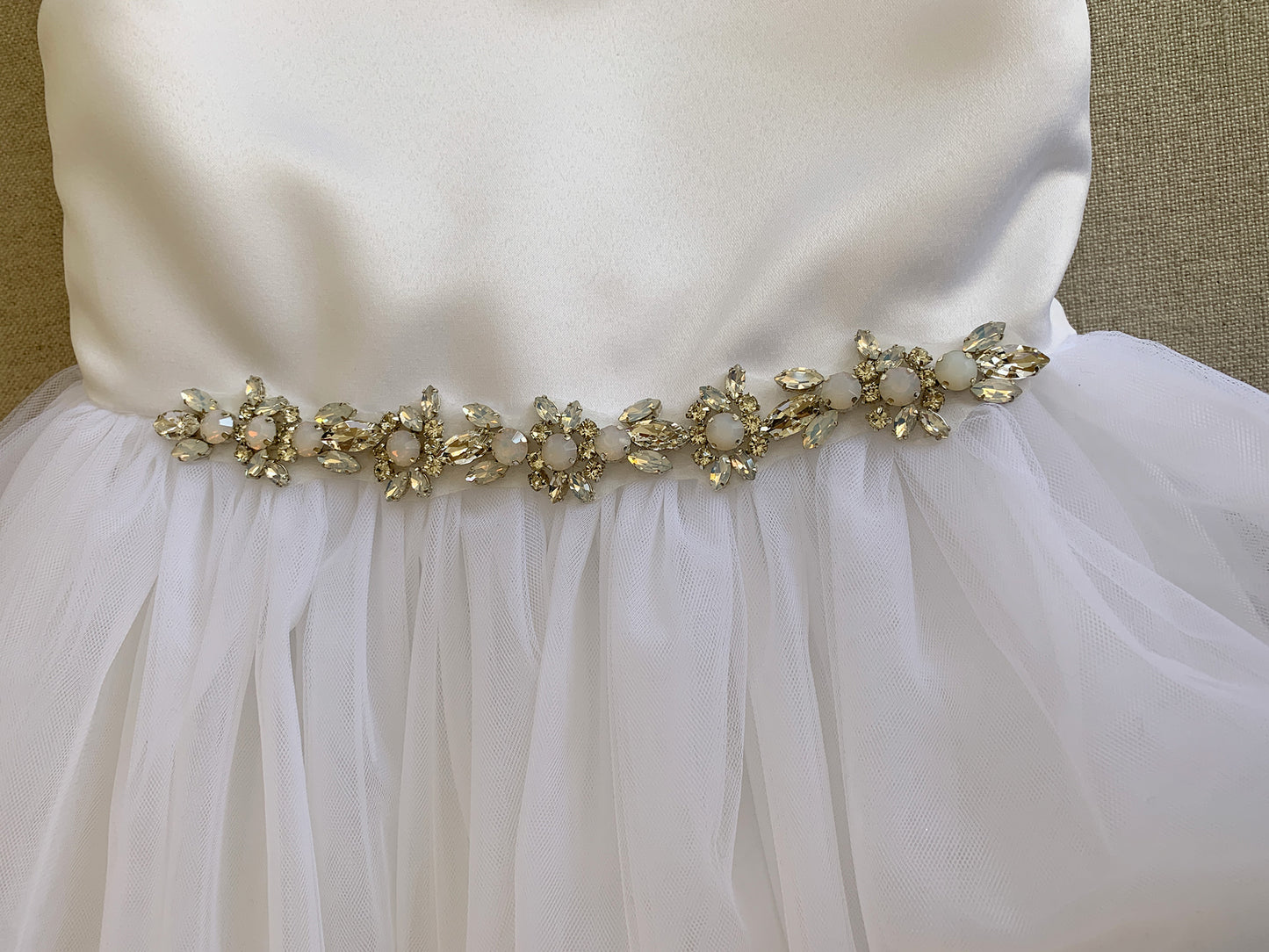 USA Made | Bold Rhinestone White Satin and Tulle Flower Girl Dress | Size 6M - Teen rhinestone