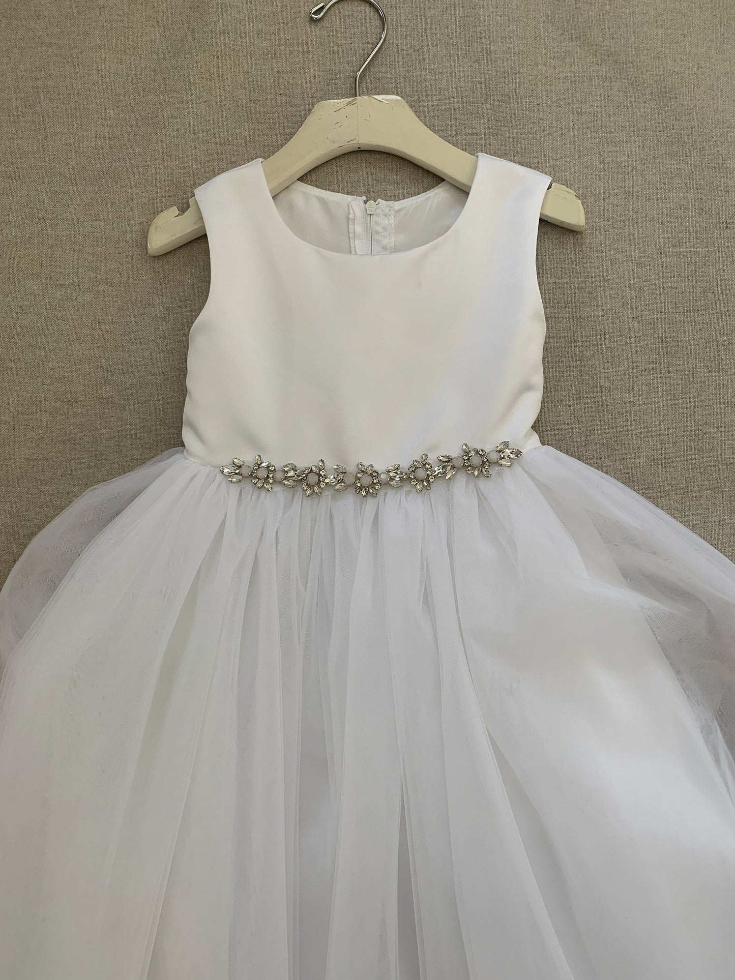 USA Made | Bold Rhinestone White Satin and Tulle Flower Girl Dress | Size 6M - Teen rhinestone front