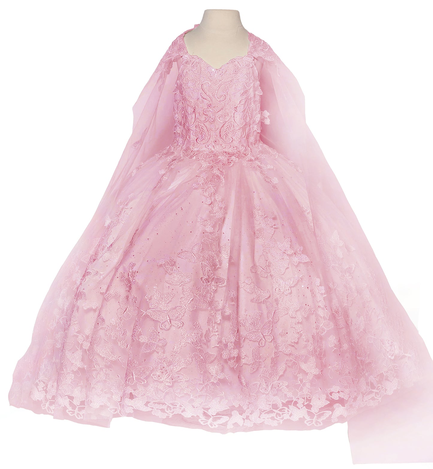 Pink lace dress on a mannequin against a white background