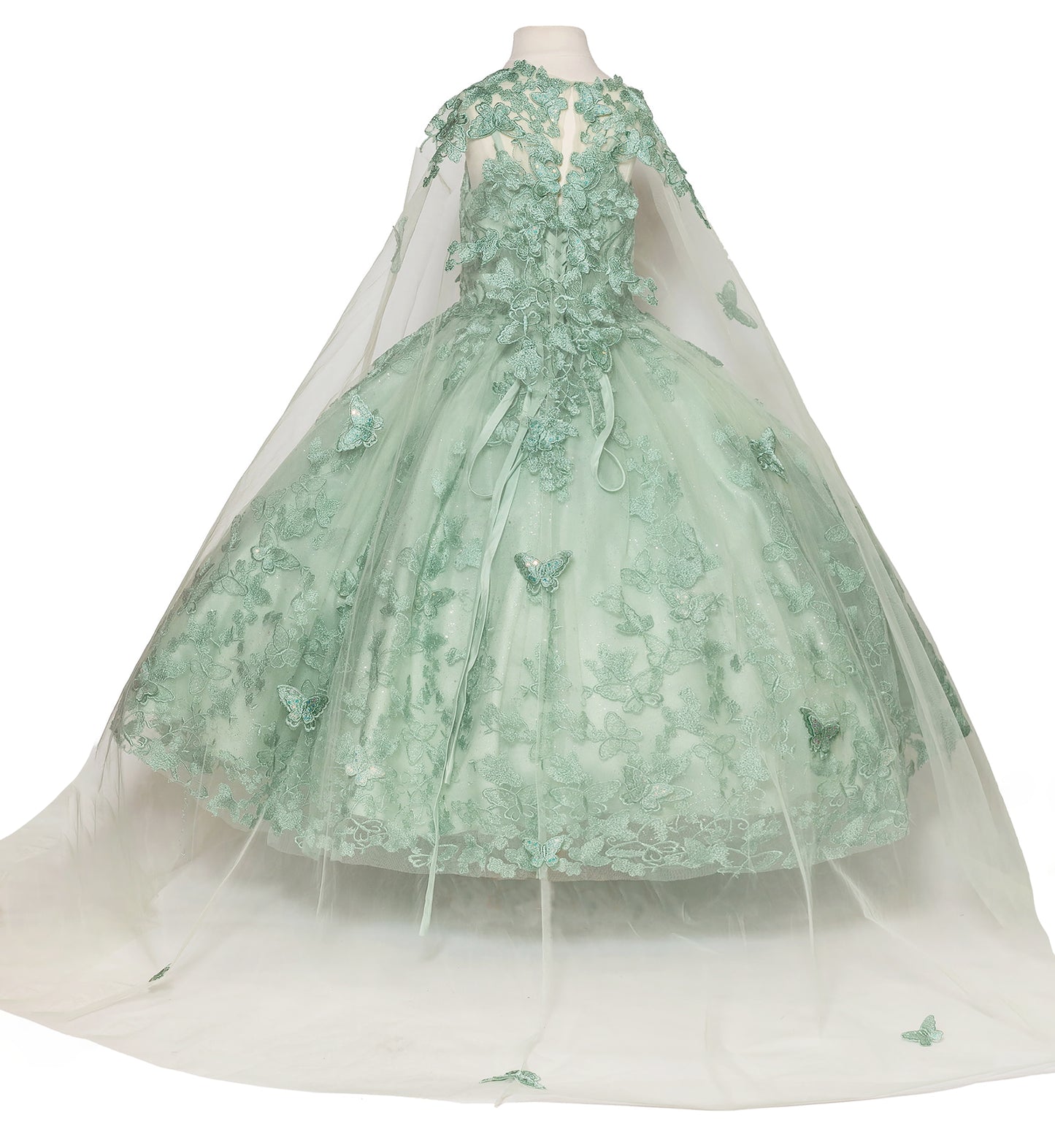 Mint green floral dress on a mannequin with a white background
