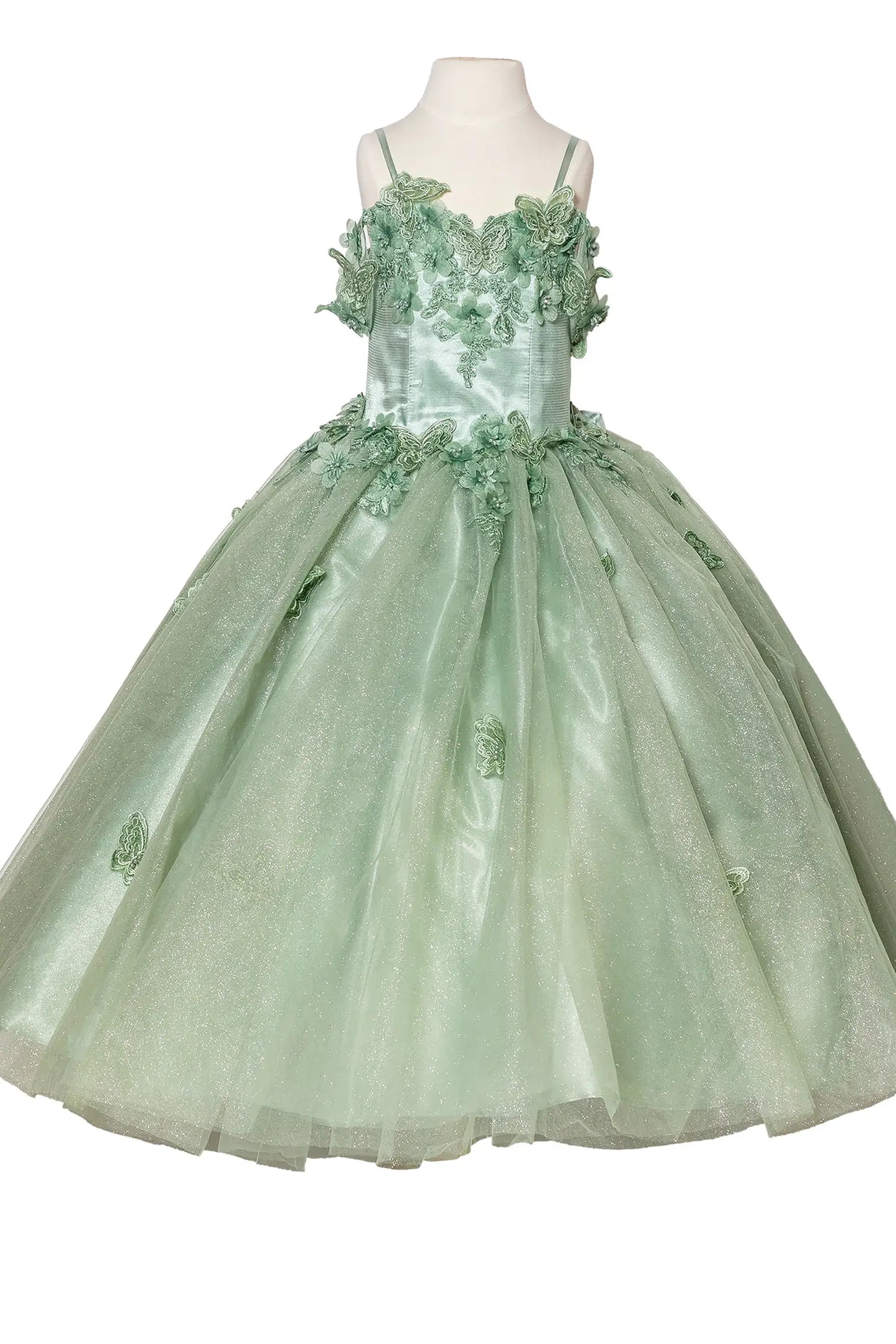 Sage kids mini quinceañera dress with lace-up bodice, floral appliqué detailing, and glitter tulle skirt