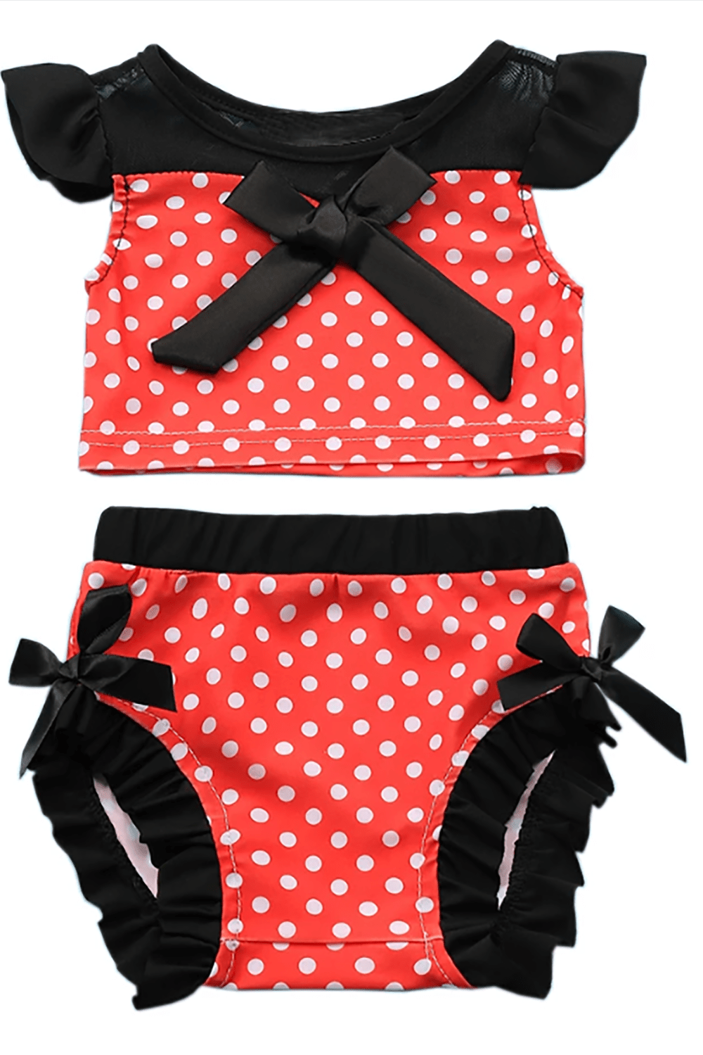 Full-length view highlights Red flower girl dress with red Mini Mouse Motif Black.