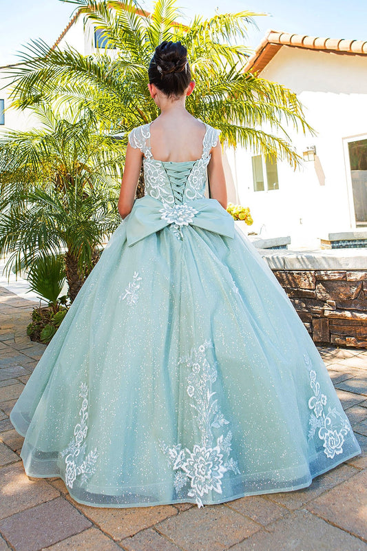 Mini Quince | Sage 3D Sparkling Fabric Decorated with 3D Flower Puff Print with Detachable Back Ribbon | Pilar dress back