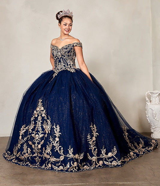 Quinceanera | Navy Embroidered Lace Appliqué Off-Shoulder A-Line Gown with Glitter Tulle Overlay Sweet 15 Ball Gown | Sol dress | 4 Colors Available
