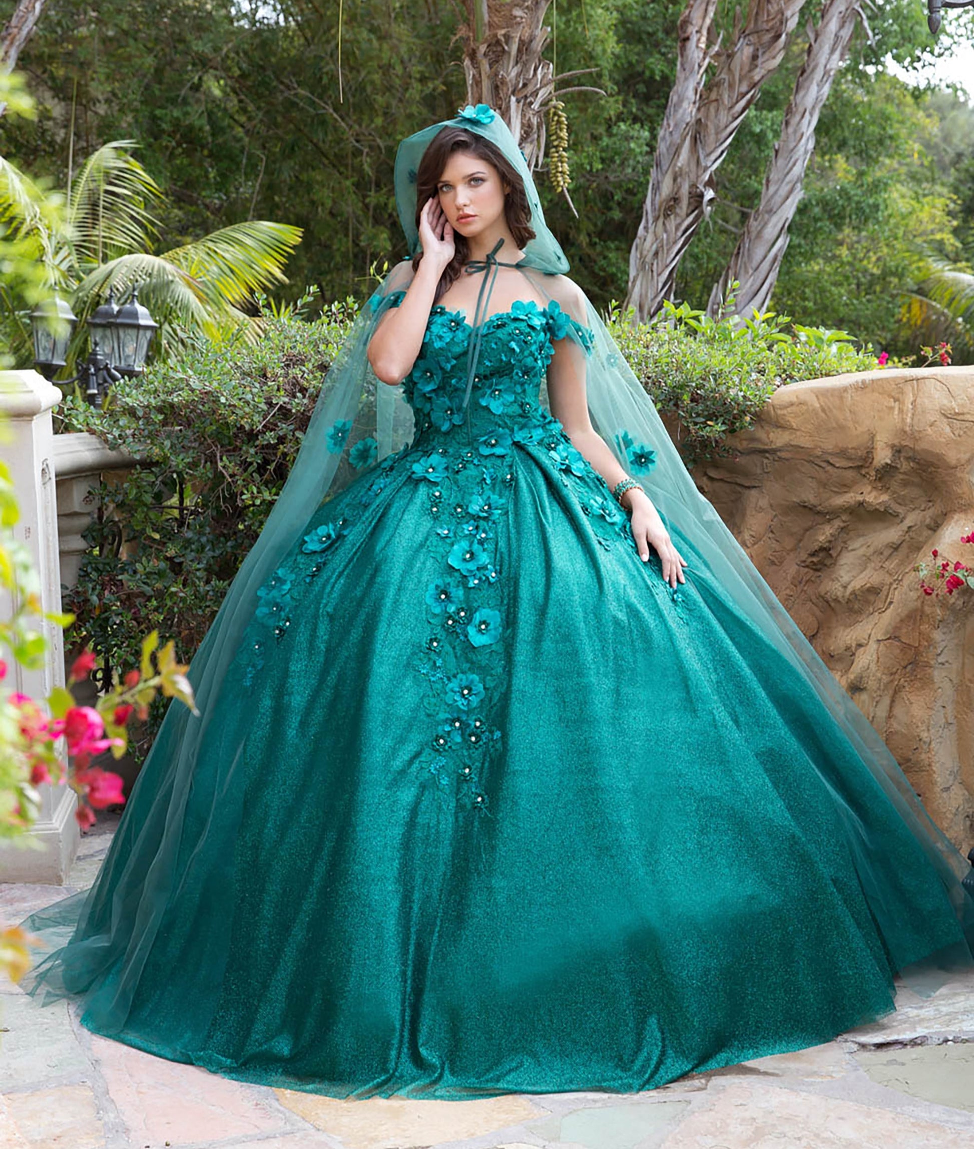 Hunter Green Quinceanera | 3D Floral Off-Shoulder Quince Dress without Cape | 2 Colors Available - front view of woman wearing dress with cape - cape is not included