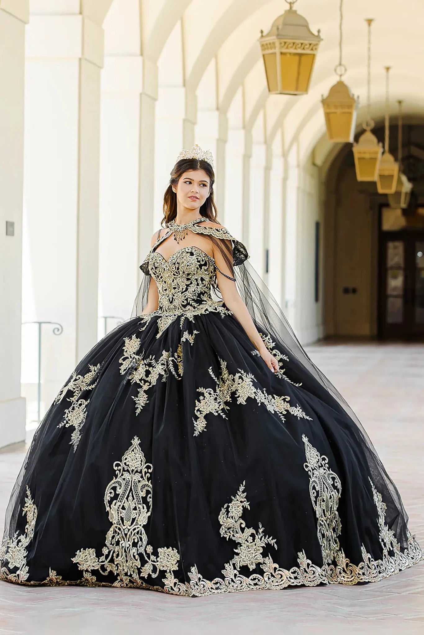 gold and black quinceanera dresses Quinceañera Dress with Embroidered Lace Cape 2XL / Black persistent_note: 50% Off Tons Of Items Tulle Fabric Color Colour:Teal Zara Swiss dot mini