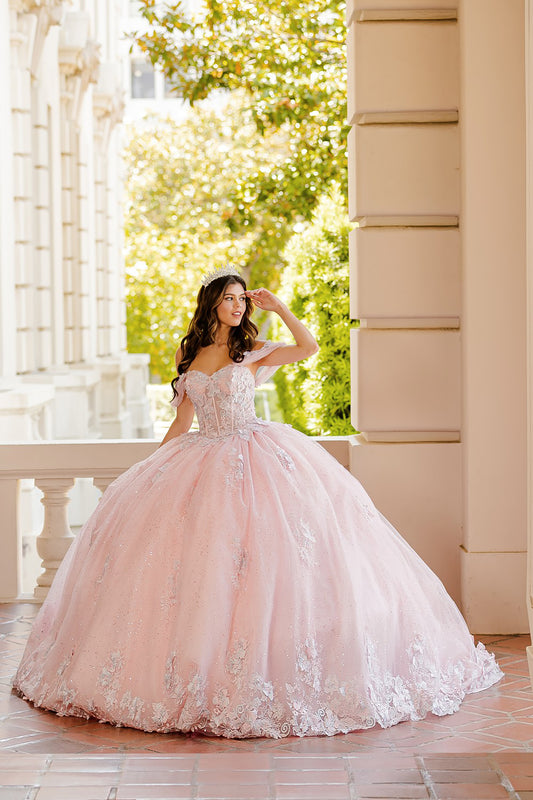 Quinceañera | Blush Two-Tone See-Through Corset Quince Dress with Detachable Sleeves | Amorah Dress | 2 Colors Available front view