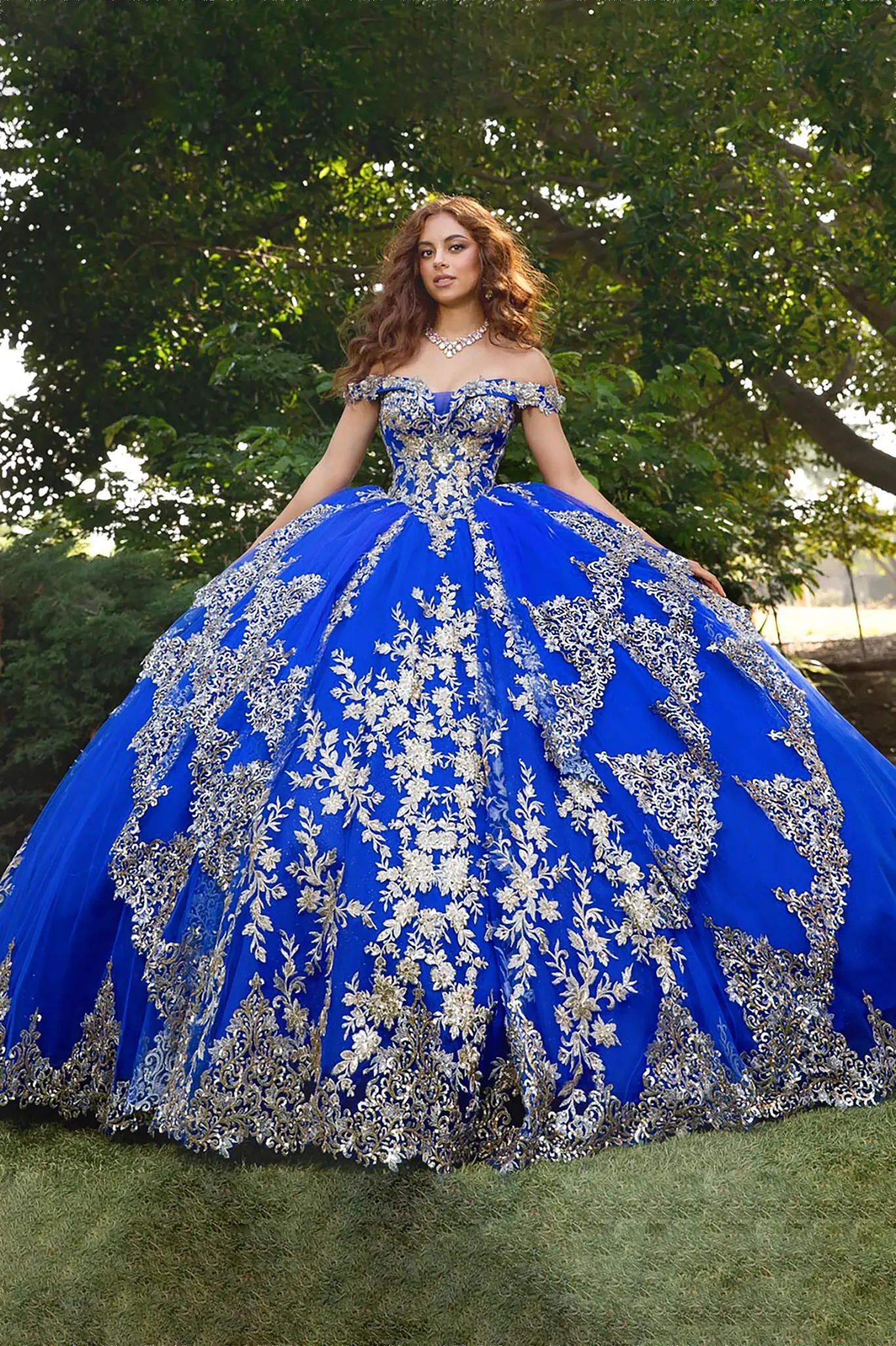Blue Gold Quinceañera Dress with Off-Shoulder Train XS / Blue