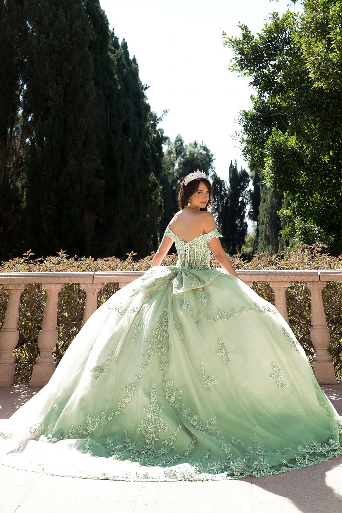 Back detail shows a sage green formal quinceañera ball gown with corset bodice and embroidered details.