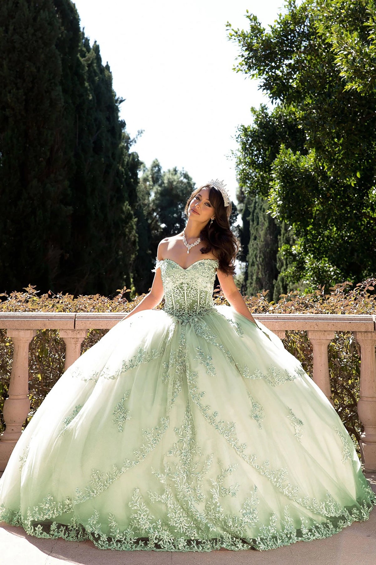 Textured details appear across a sage green formal quinceañera ball gown with corset bodice and floral embroidery.