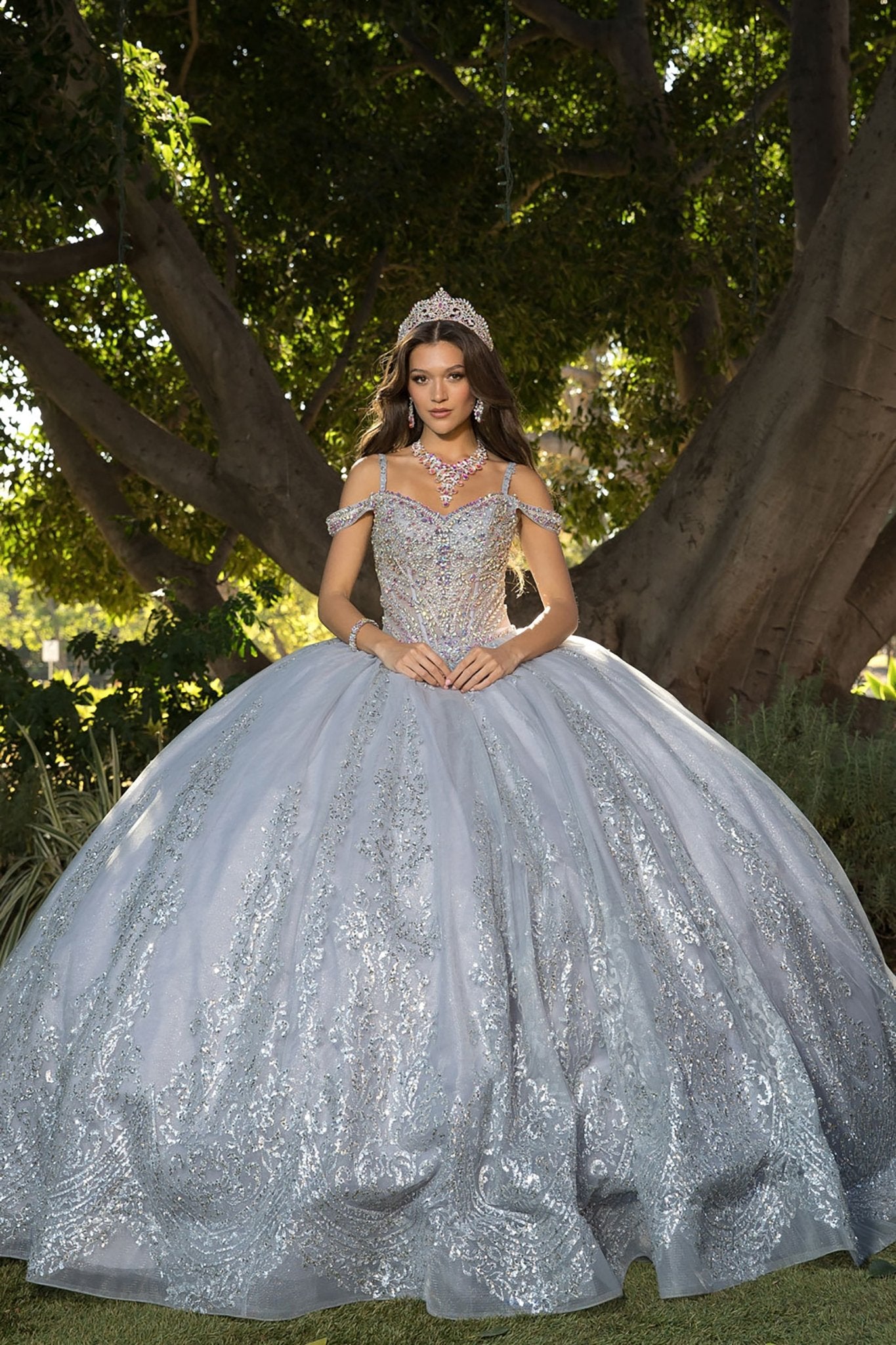 Gray Gold Quinceañera Dress with Removable Sleeves XS / Silver