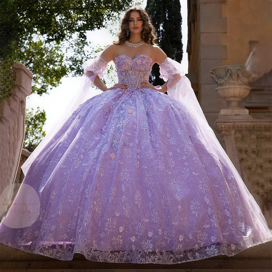 Quinceañera | Lilac Multi-Color 3D Floral Ball Gown with Drape Wings Sleeves and Sweep Train | Arely dress