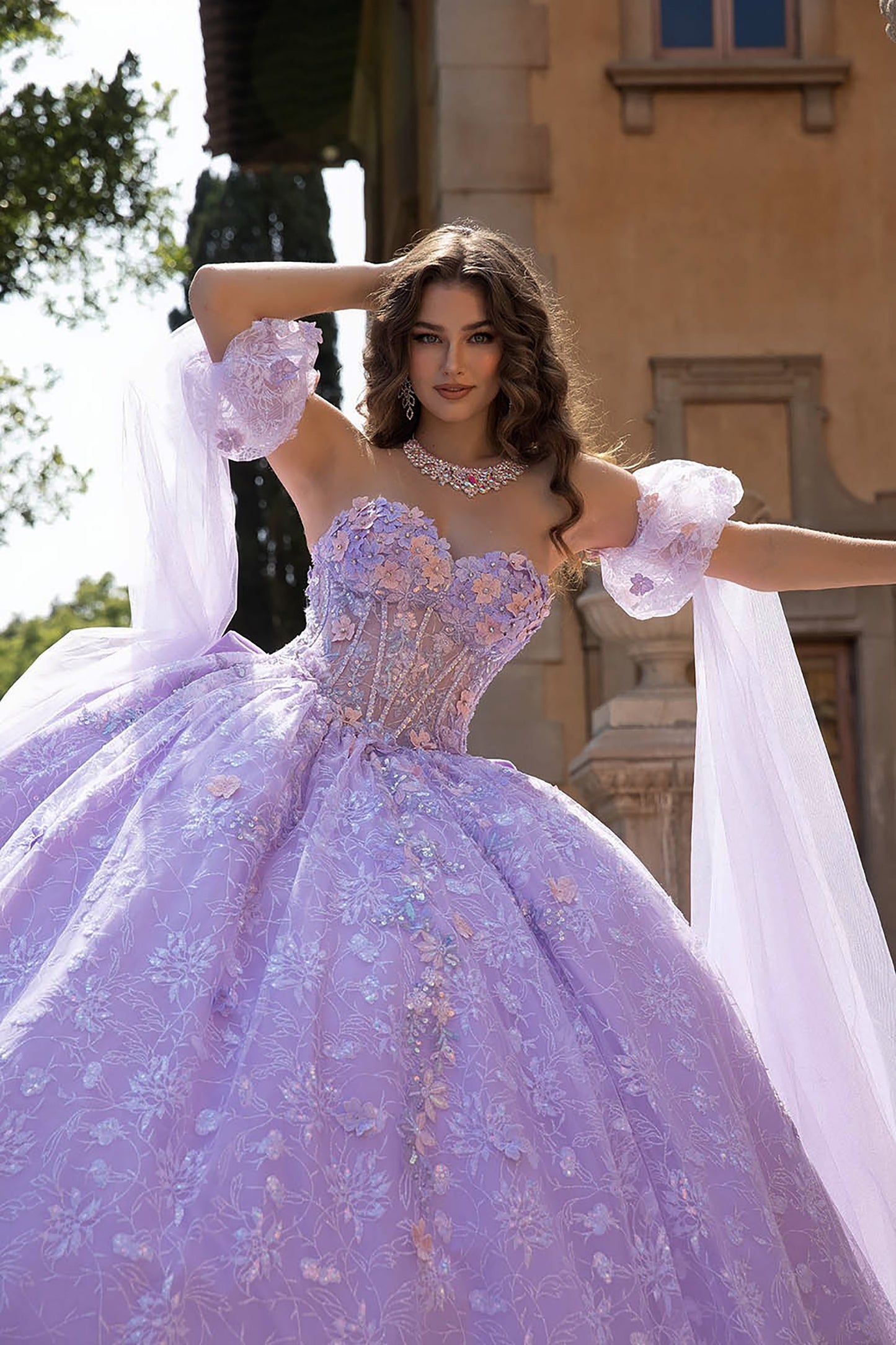 Quinceañera | Lilac Multi-Color 3D Floral Ball Gown with Drape Wings Sleeves and Sweep Train | Arely dress front zoom