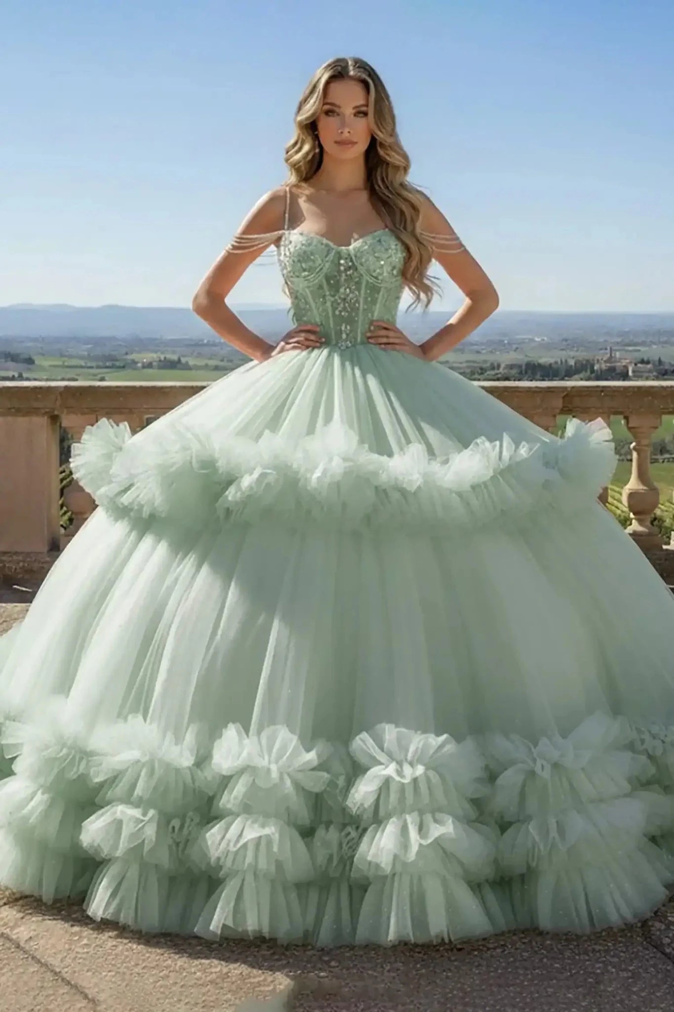 sage green quinceanera dresses KissProm Ball Gown Tulle Off The Shoulder Dress, Sage Green / 8 Soft tulle layered with intricate lace appliques for a dreamy Sage Green Quinceanera Dresses #sageweddingdress