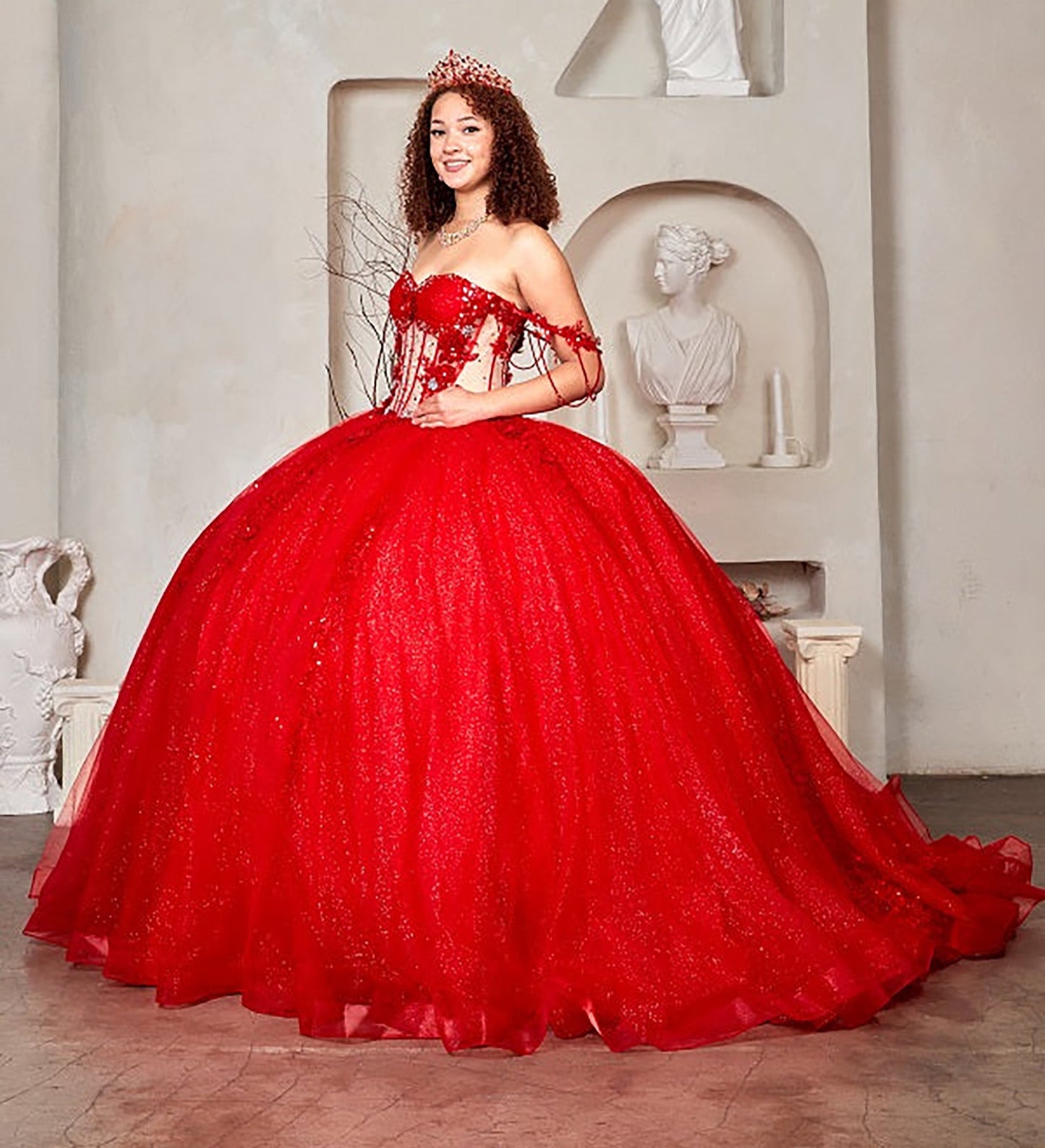 Quinceanera | Red Sheer Bodice and 3D Floral Embroidery | Tia dress | 3 Colors Available