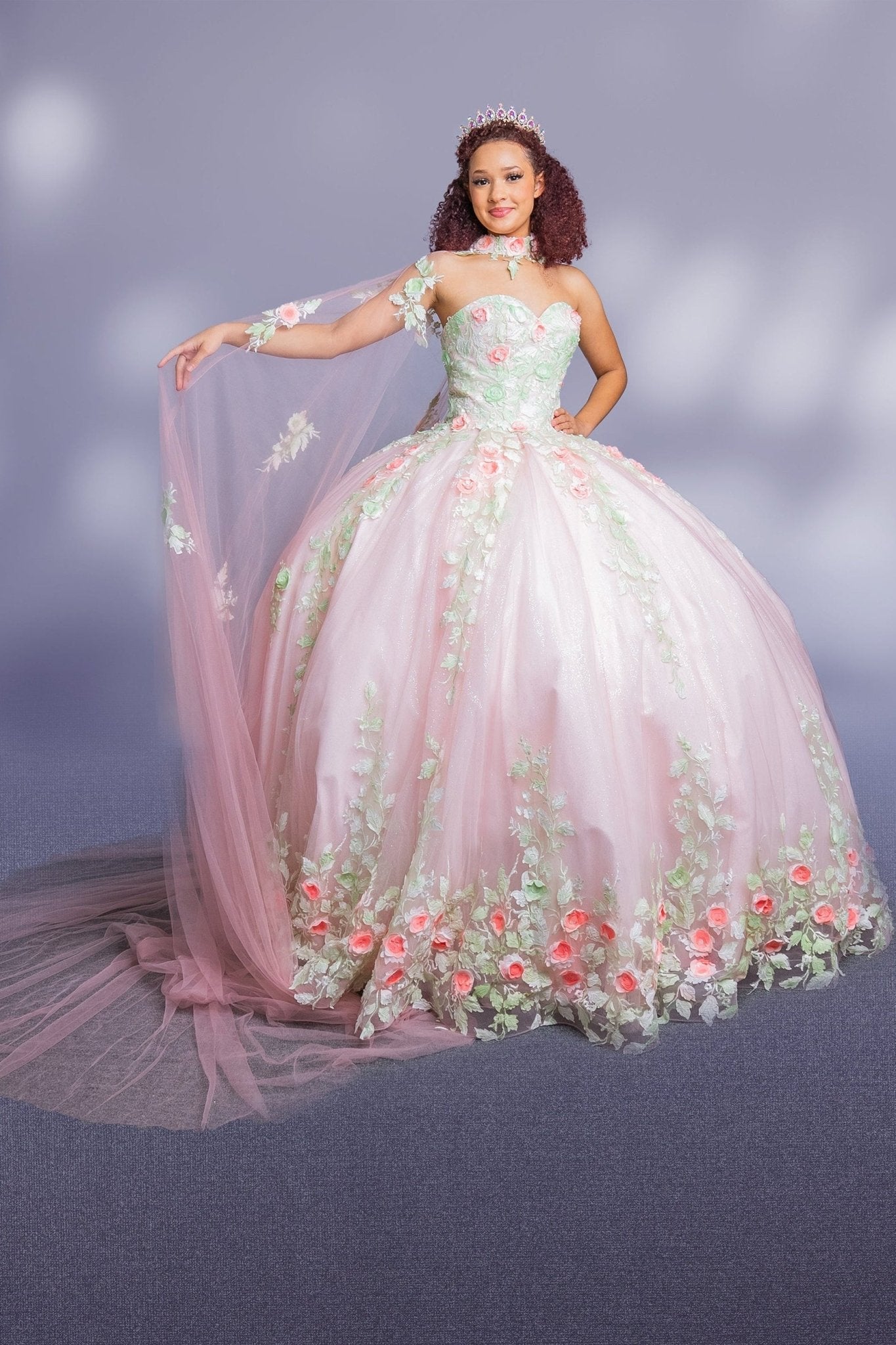 Quinceanera | Blush Two-Tone Floral Accents Strapless Quince Ball Gown with Removable Cape | Vanessa dress | 2 Colors Available