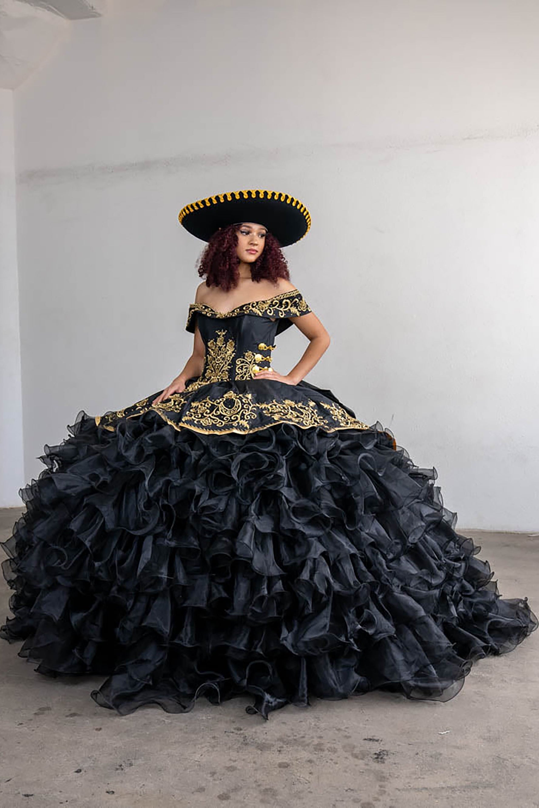 Black Quinceaera Ball Gown with Beaded Charra Bodice American Stride Black Quinceaera Ball Gown with Beaded Charra Bodice American Stride