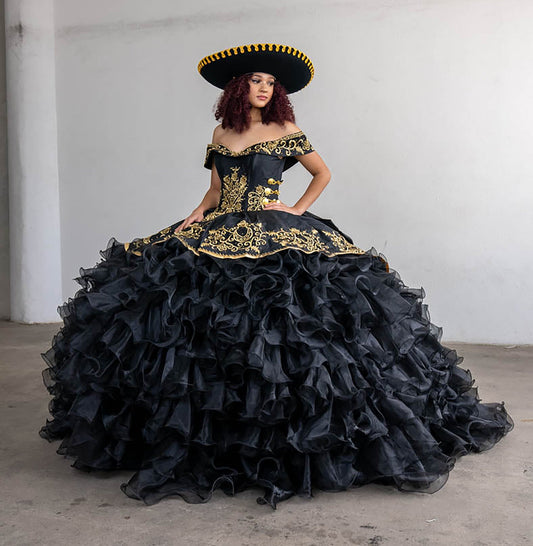 Quinceanera | Black Strapless Ruffle Charra Dress with Beaded Embroidered Bodice | Vela dress | 4 Colors Available