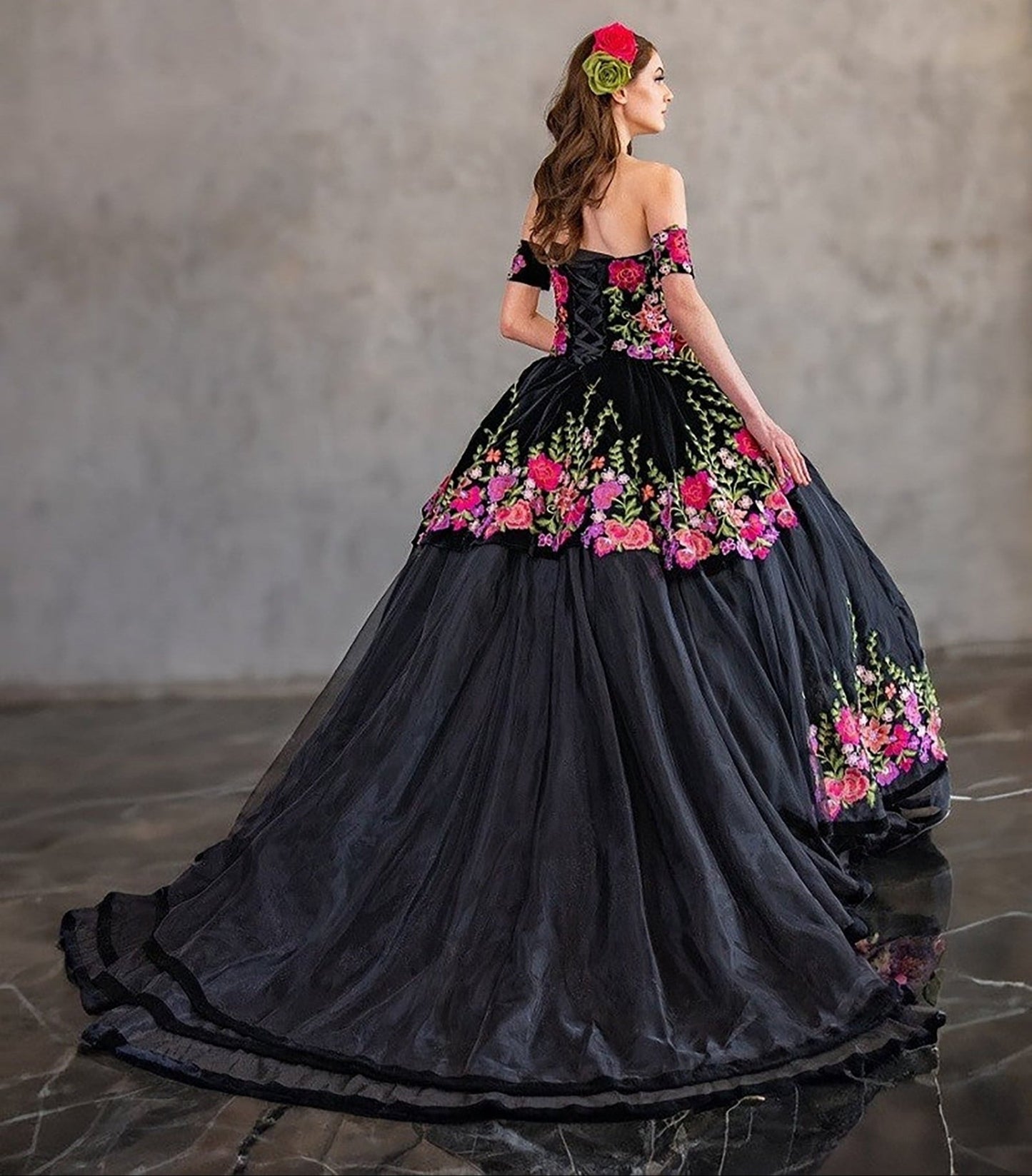 Quinceanera | Black Velvet Charra Dress with Off-Shoulder Floral Embroidered Bodice | Ventura dress back view
