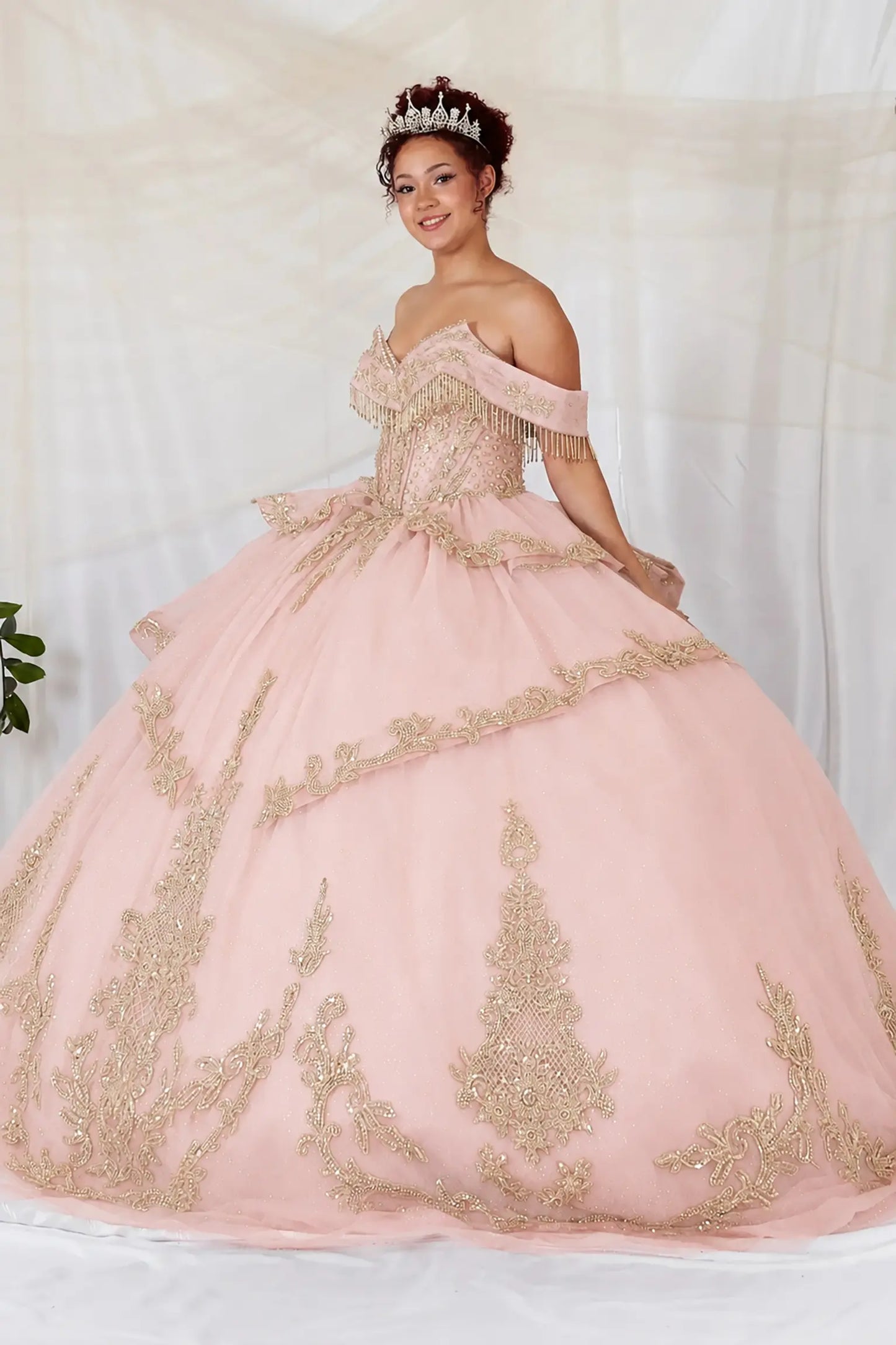 Blush quinceanera ball gown with sweetheart neckline, gold embroidery, bead accents, and fringe bodice detail
