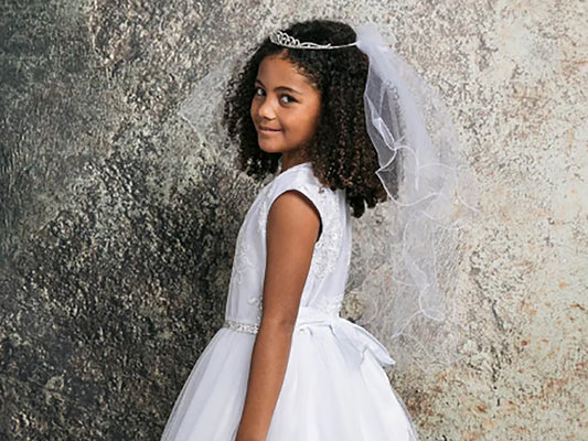 USA Made | Handmade First Communion Rhinestone Tiara with 2 Tiered Veil girl wearing