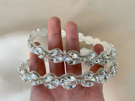 Handmade Rhinestone Flower Girl Headband - headband wrapped around fingers