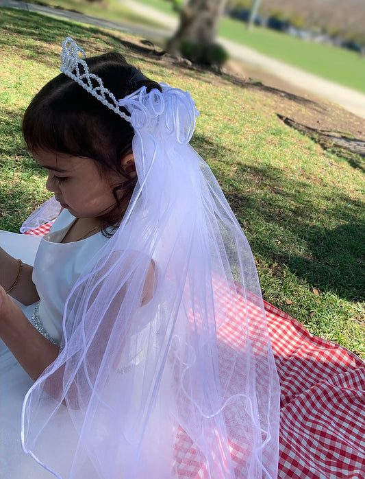 USA Made | Handmade Pearl and Rhinestone Tiara with 2-Tiered Veil | Flower Girl | First Communion side