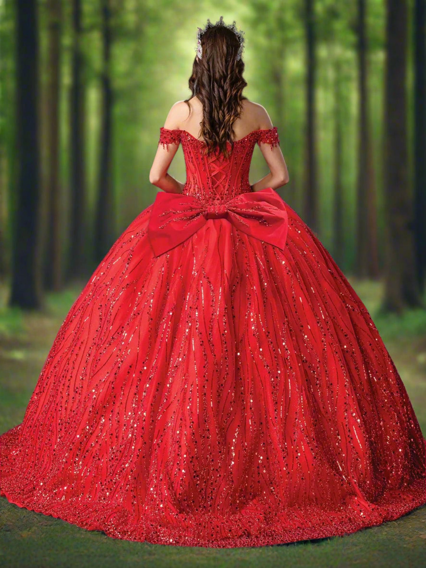 Quinceañera | Red Sparkling Off-Shoulder Sequined Quince Ball Gown | Angélica dress