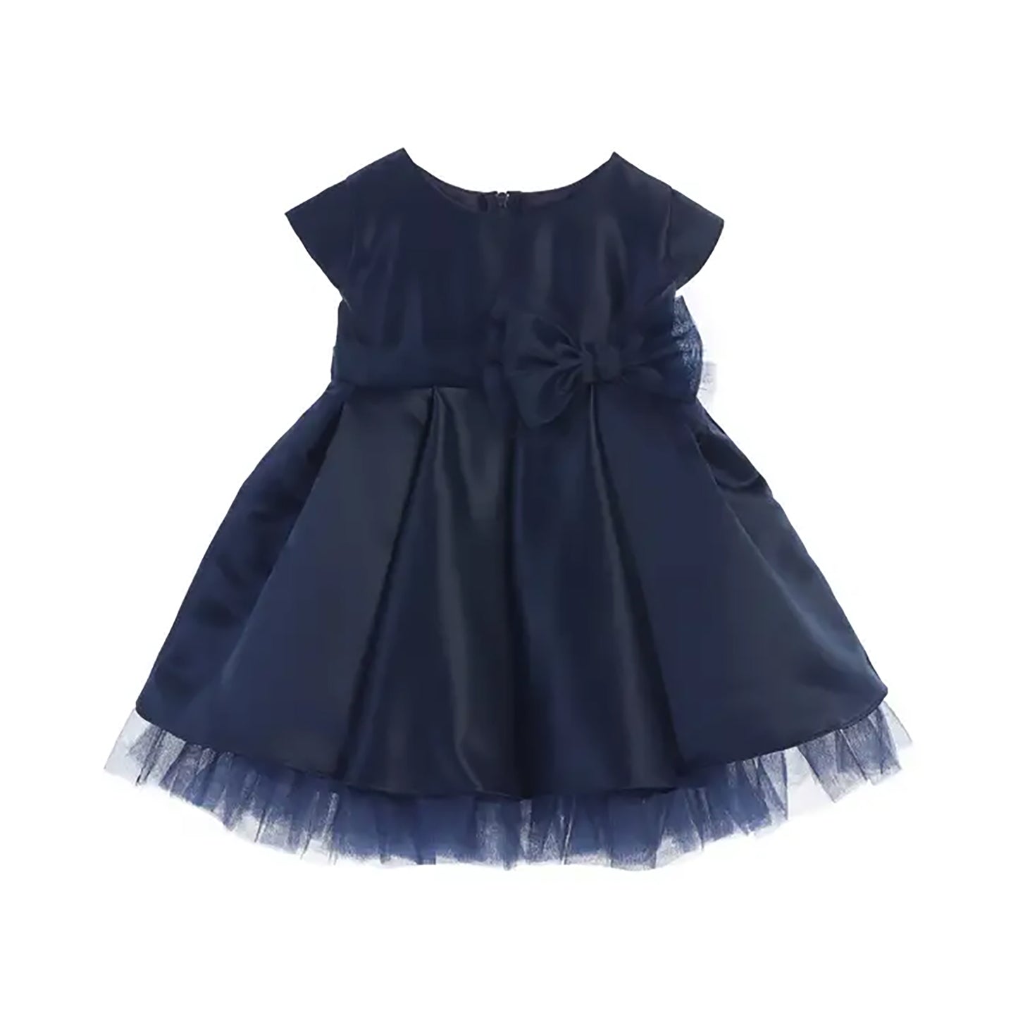 Navy blue dress with a bow detail on a white background
