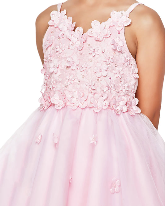 Pink dress with floral details on a white background