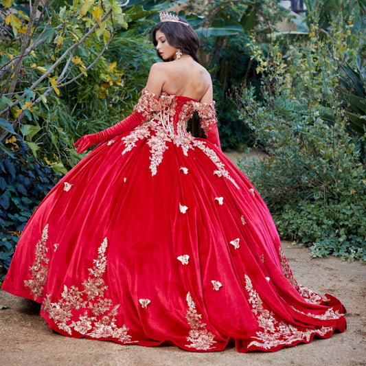 Velvet Off-shoulder Sweetheart Gold Sequin Butterfly Floral Ballgown with Sweep Train | Araceli dress | 2 Colors Available  back view