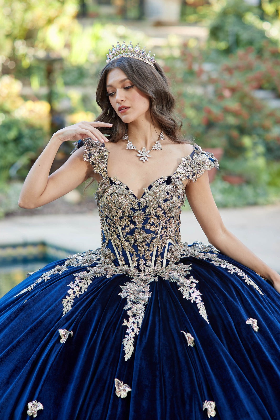 Quinceanera | Navy Velvet Off-shoulder Sweetheart Gold Sequin Butterfly Floral Ballgown with Sweep Train | Araceli dress | 2 Colors Available