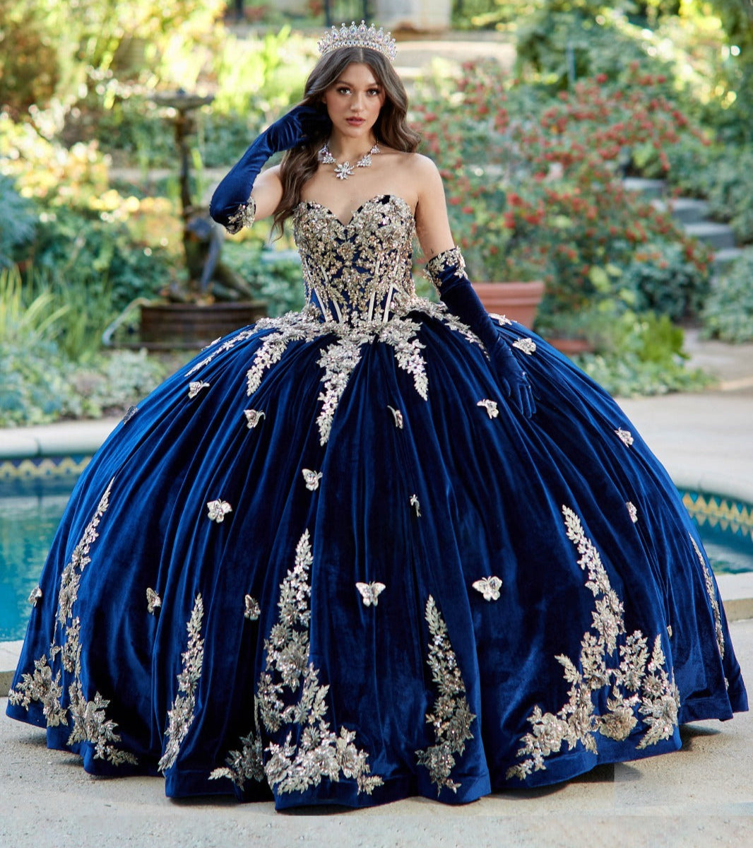 Velvet Off-shoulder Sweetheart Gold Sequin Butterfly Floral Ballgown with Sweep Train | Araceli dress | 2 Colors Available showing different sleeve styles front dress with tiara