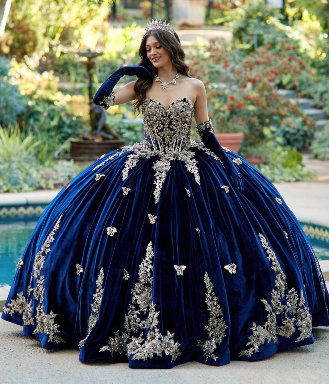 Velvet Off-shoulder Sweetheart Gold Sequin Butterfly Floral Ballgown with Sweep Train | Araceli dress | 2 Colors Available front with sleeves