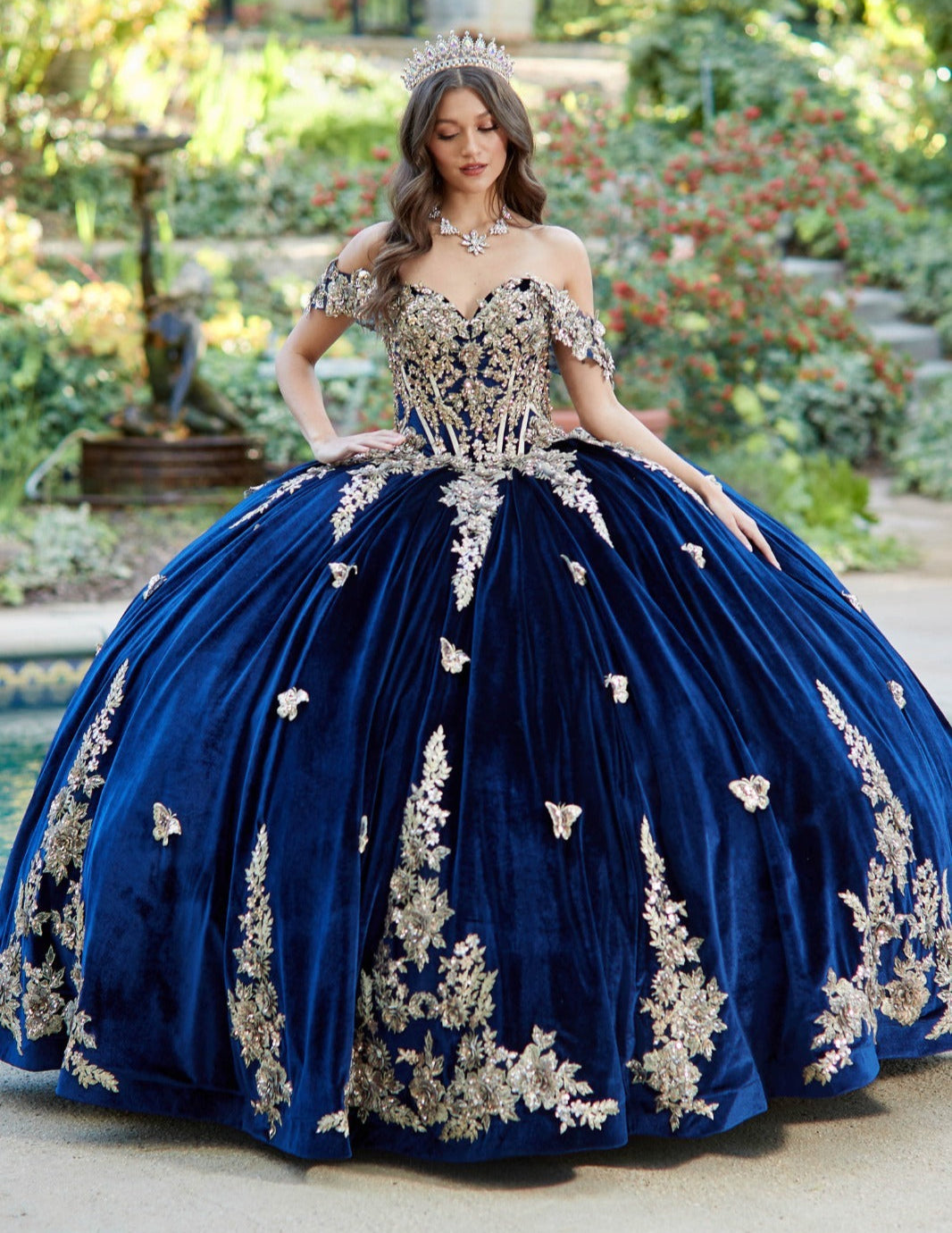 Velvet Off-shoulder Sweetheart Gold Sequin Butterfly Floral Ballgown with Sweep Train | Araceli dress | 2 Colors Available front dress