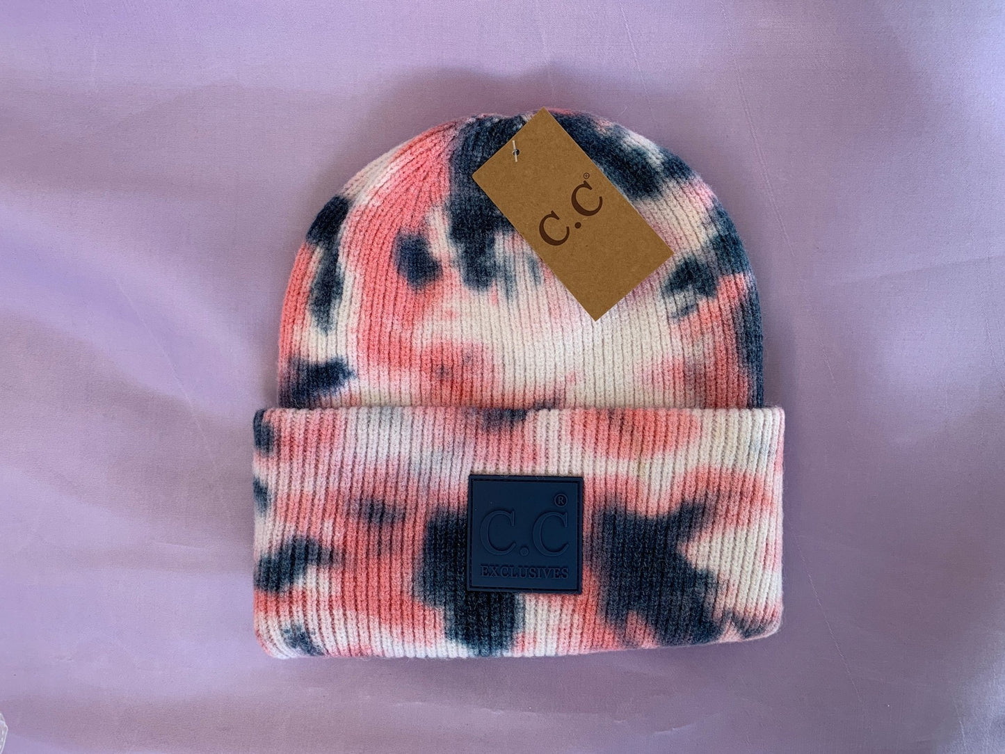 Navy pink tie-dye women's winter beanie.