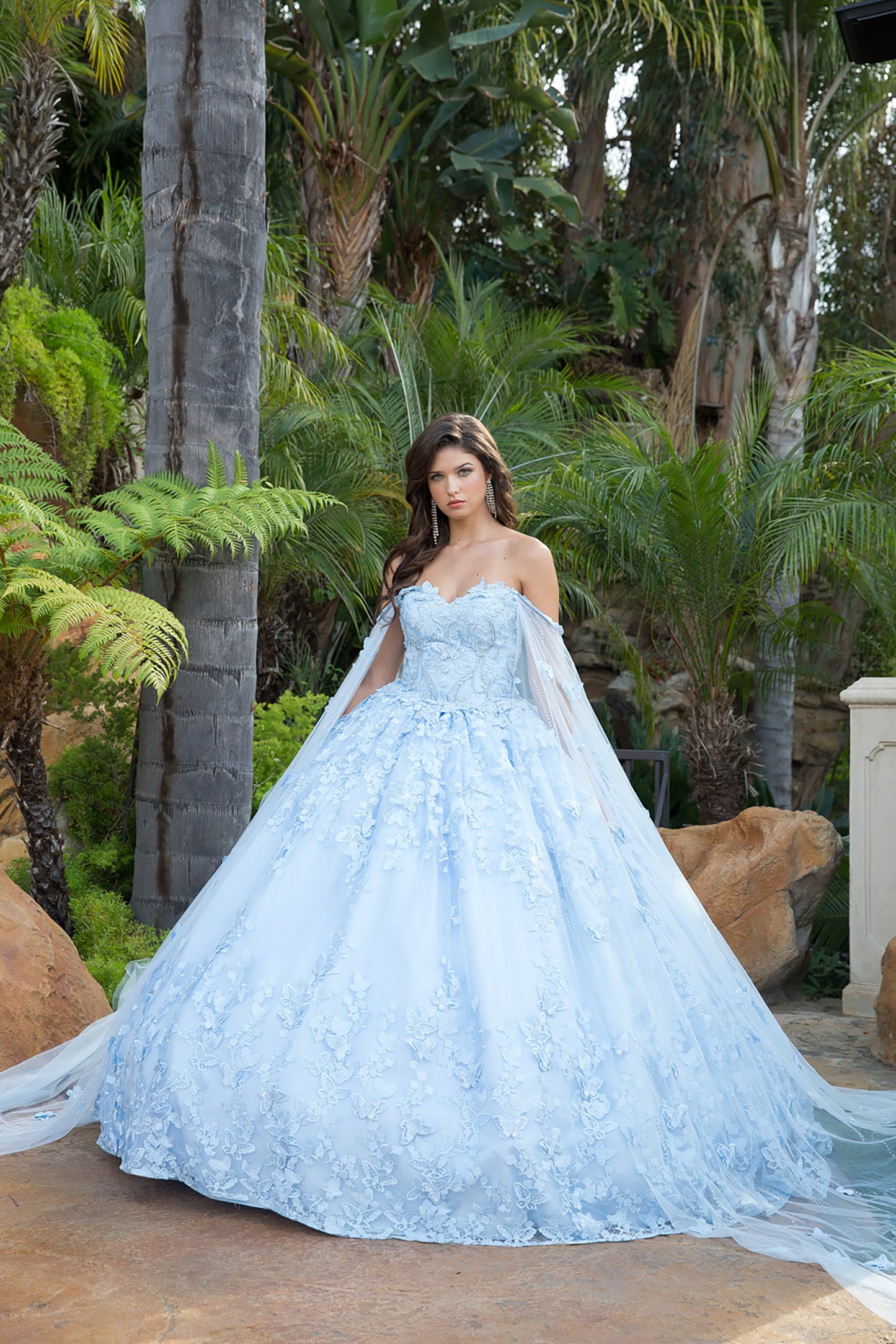 Quinceanera | Blue 3D Butterfly Glitter Quince dress with Stunning Cape | Aida dress | 3 Colors Available front view