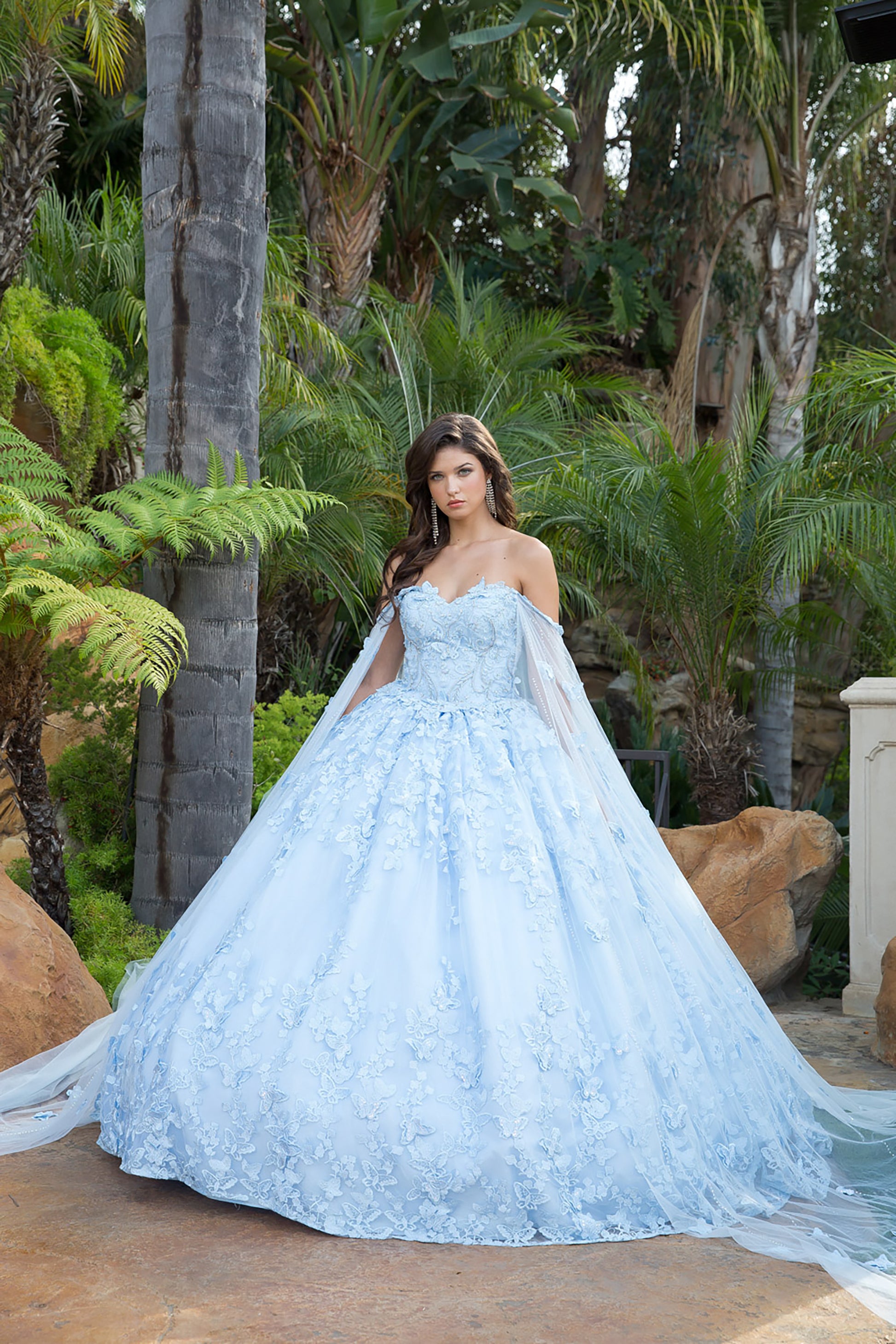 Quinceanera | Blue 3D Butterfly Glitter Quince dress with Stunning Cape | Aida dress | 3 Colors Available front view