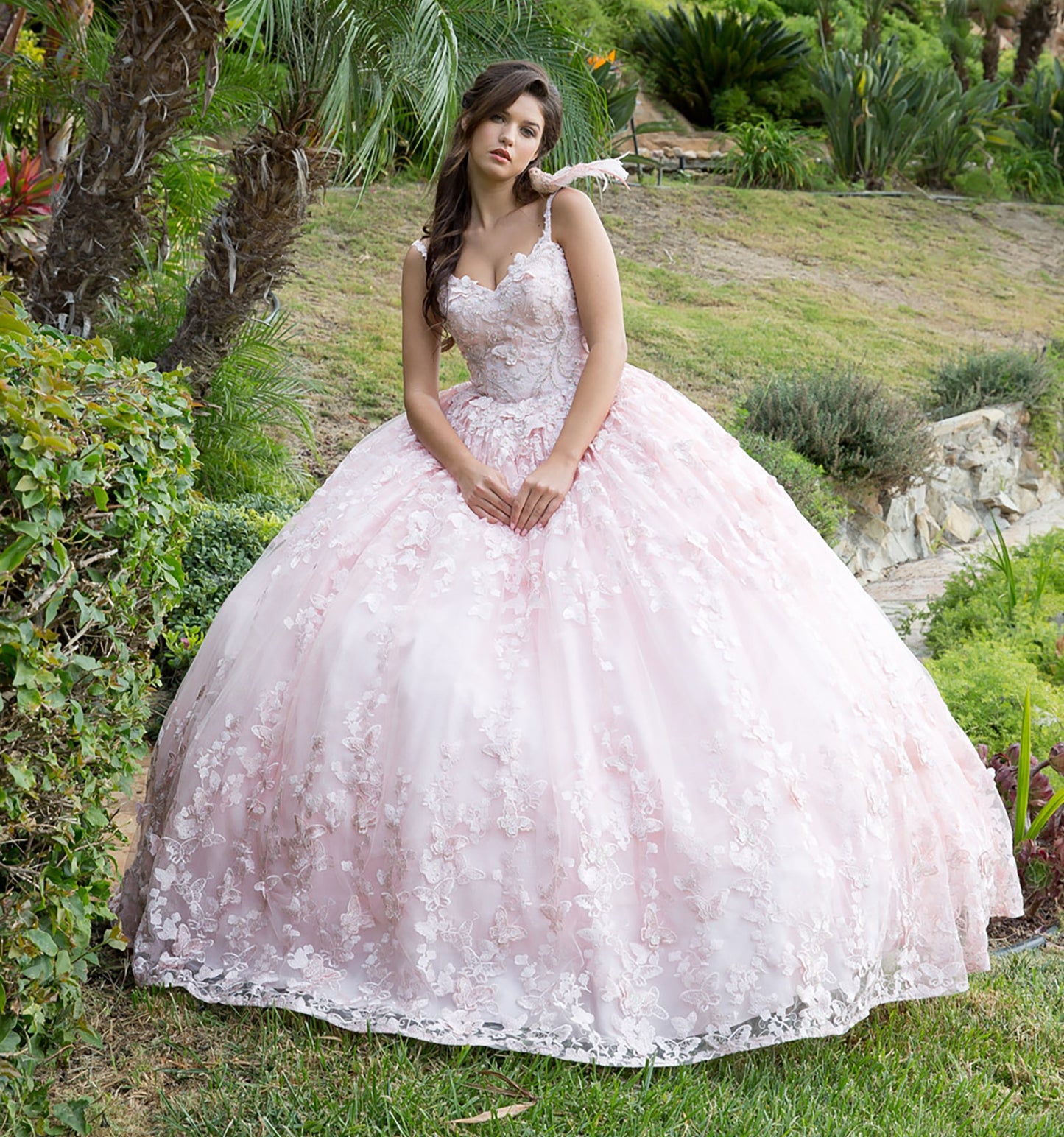 Quinceanera | Blush 3D Butterfly Glitter Quince dress with Stunning Cape | Aida dress | 2 Colors Available front