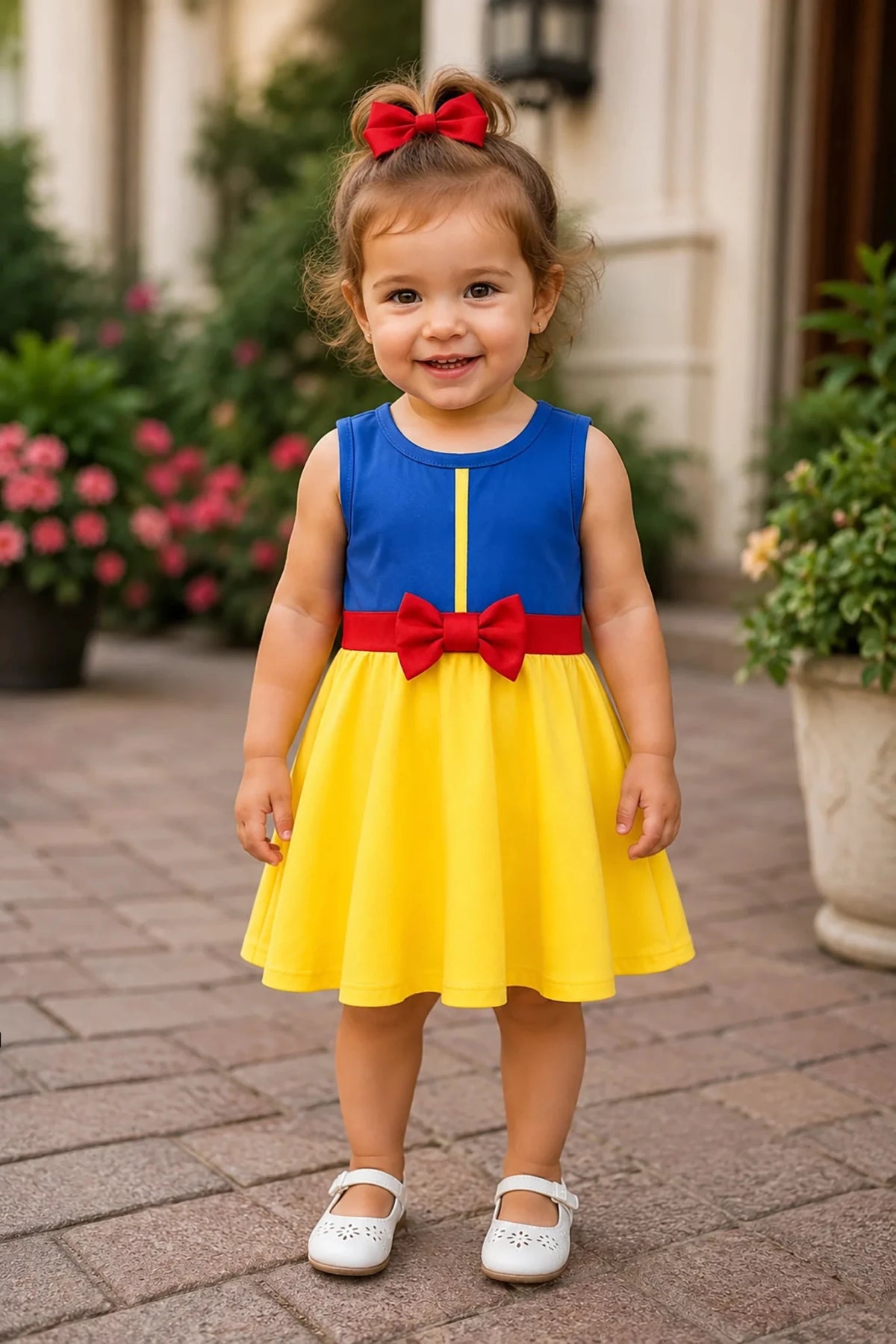 a sleeveless flower girl dress with a royal blue bodice, red waistband and bow, and a bright yellow skirt.