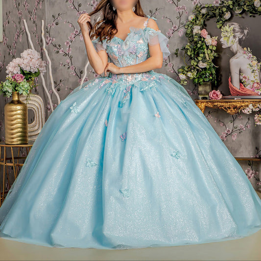 Baby Blue Quince Dress with 3D Butterfly Embellishments, Glitter Accents, and Ruffled Sweetheart – Front View