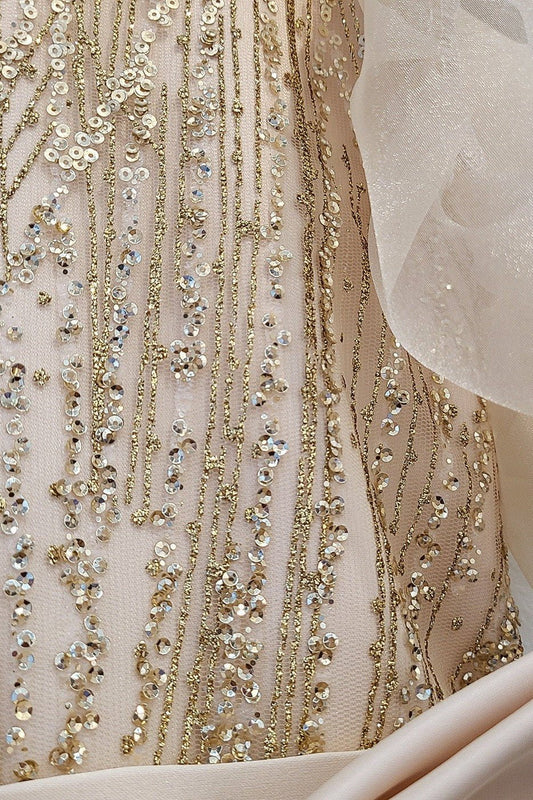 Champagne USA Made | Glittering Sequin bodice Luxurious Tulle with Organza Bubble Sleeve Tea-length dress - zoomed in view of dress showing pattern and details