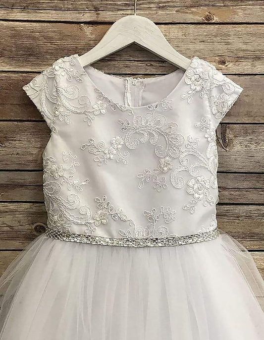 USA Made | Communion Luxurious Silk & Glittery Tulle Dress with Embroidery Appliqué | Sizes 2-20 | Luna Dress front detail