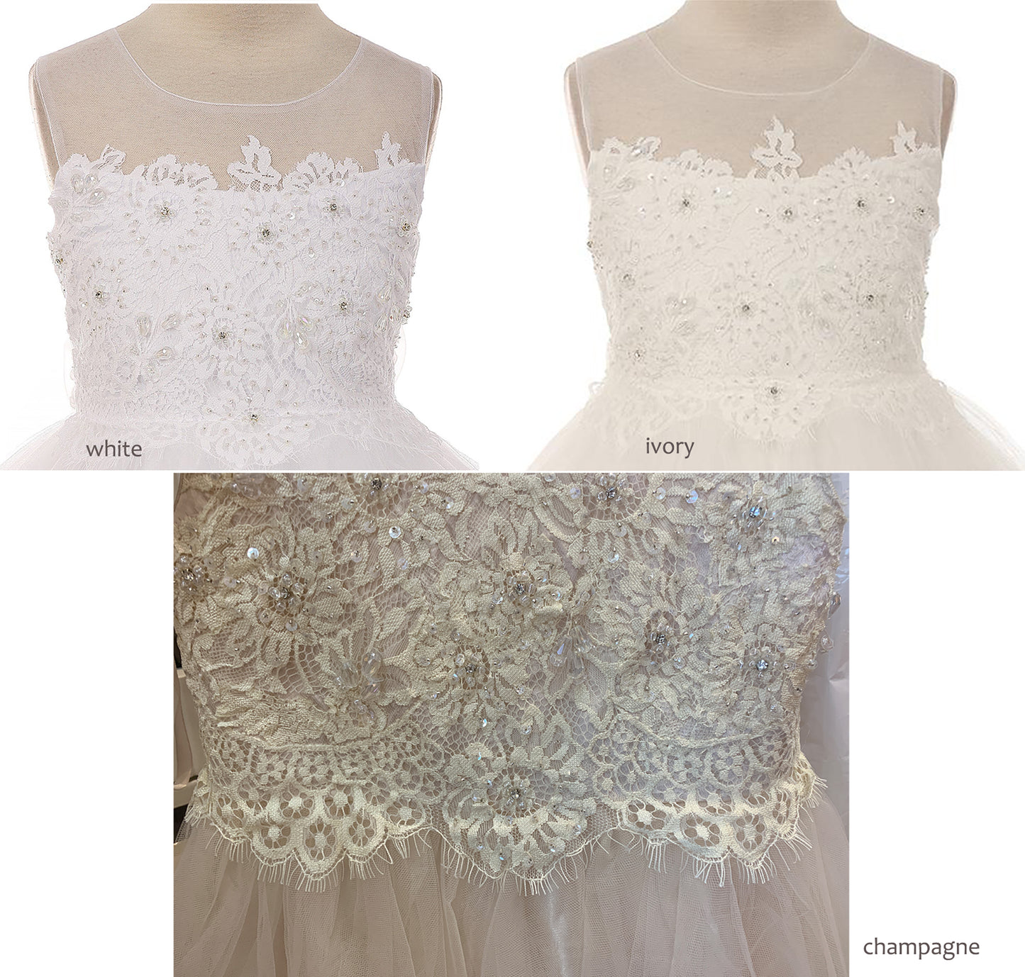 Communion Dress | Beaded lace and stone Top and soft tulle Dress with Embroidery Applique | 3 Colors showing