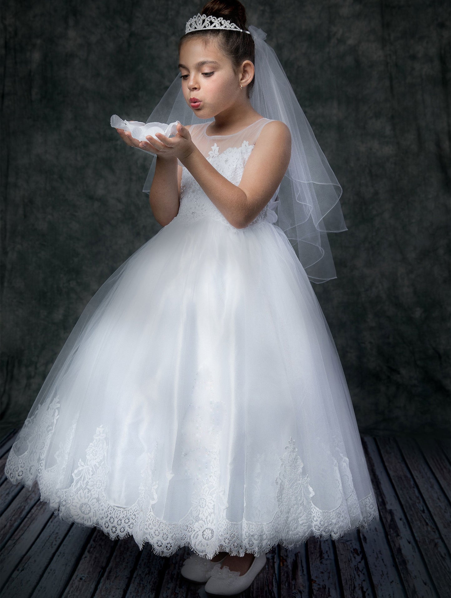Communion Dress | Beaded lace and stone Top and soft tulle Dress with Embroidery Applique | 3 Colors | Katharine dress with tiara