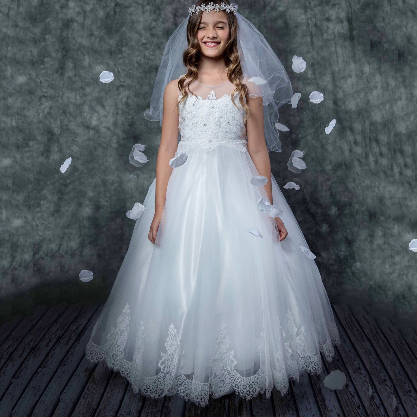 Communion Dress | Beaded lace and stone Top and soft tulle Dress with Embroidery Applique | 3 Colors | Katharine dress