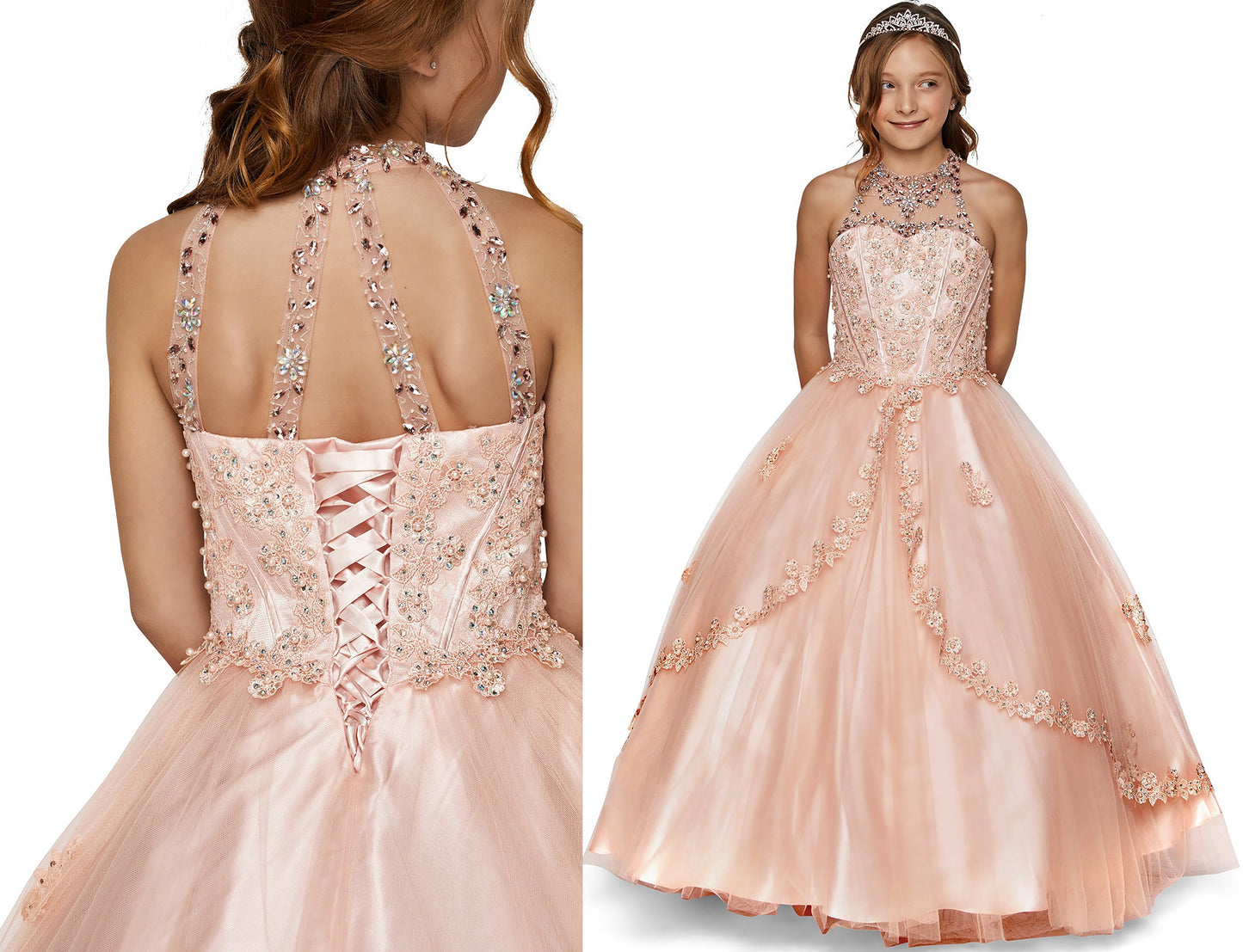 Mini Quince | Blush Halter neck Rhinestones/Pearls Tulle 3-Anos Mini Quinceanera Ballgown | Alicia dress | 4 Colors Available two