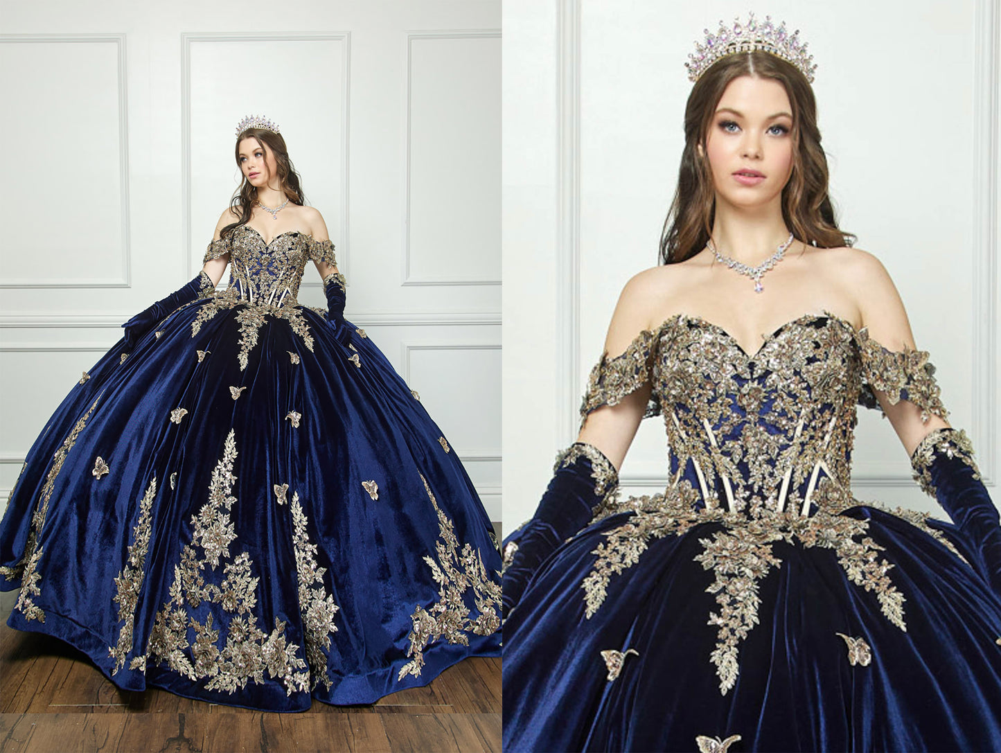 Navy Quinceanera | Off-shoulder Velvet Sweetheart Gold Sequin sequin butterfly floral Ballgown with Sweep train - split view of woman wearing dress, front view zoomed in, front view zoomed out